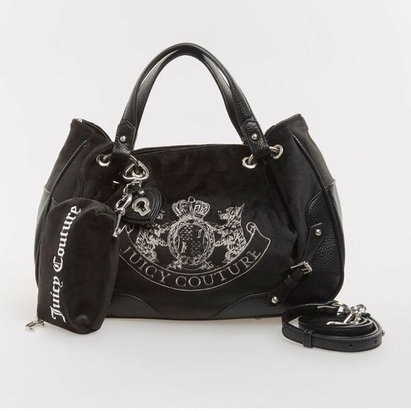 Juicy Couture Black Velour Faux Leather Nuova Twig Dog Double Handle X-Body Bag - Picture 1 of 10